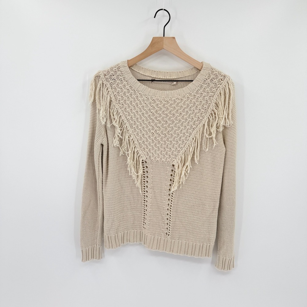 Women's Size XS Boho Fringe Beige Sweater Western Cowgirl Coastal Fall Festival